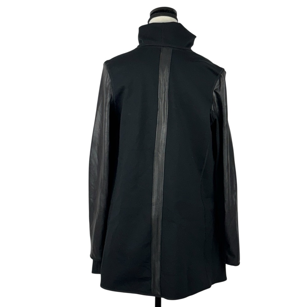 Spanx Black Asymmetrical Draped Jacket XS Faux Leather Sleeve Moto Chic Edgy - Picture 5 of 13